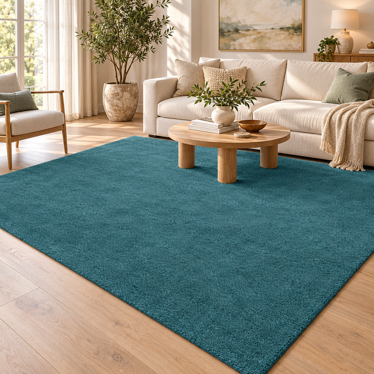 Muted Teal Totally Plain Hand Tufted Rug | Borderless Solid Color styled in a decorated living room with sofa
