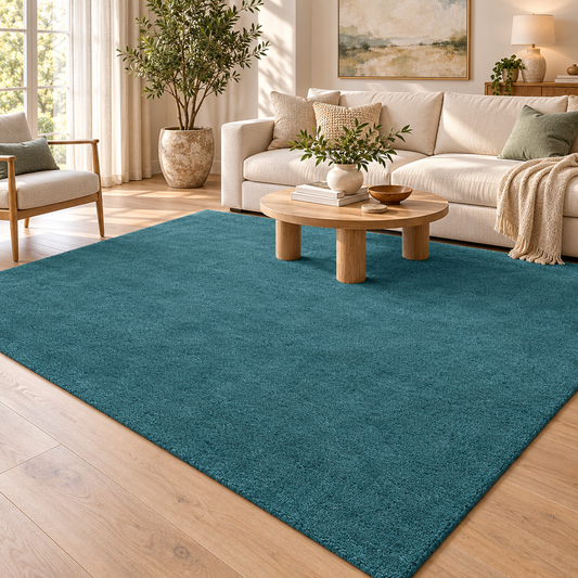 Muted Teal Totally Plain Hand Tufted Rug | Borderless Solid Color styled in a decorated living room with sofa
