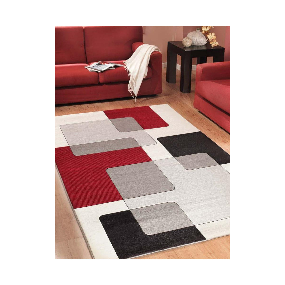 Red Ivory Geometric Color Block Modern Rug