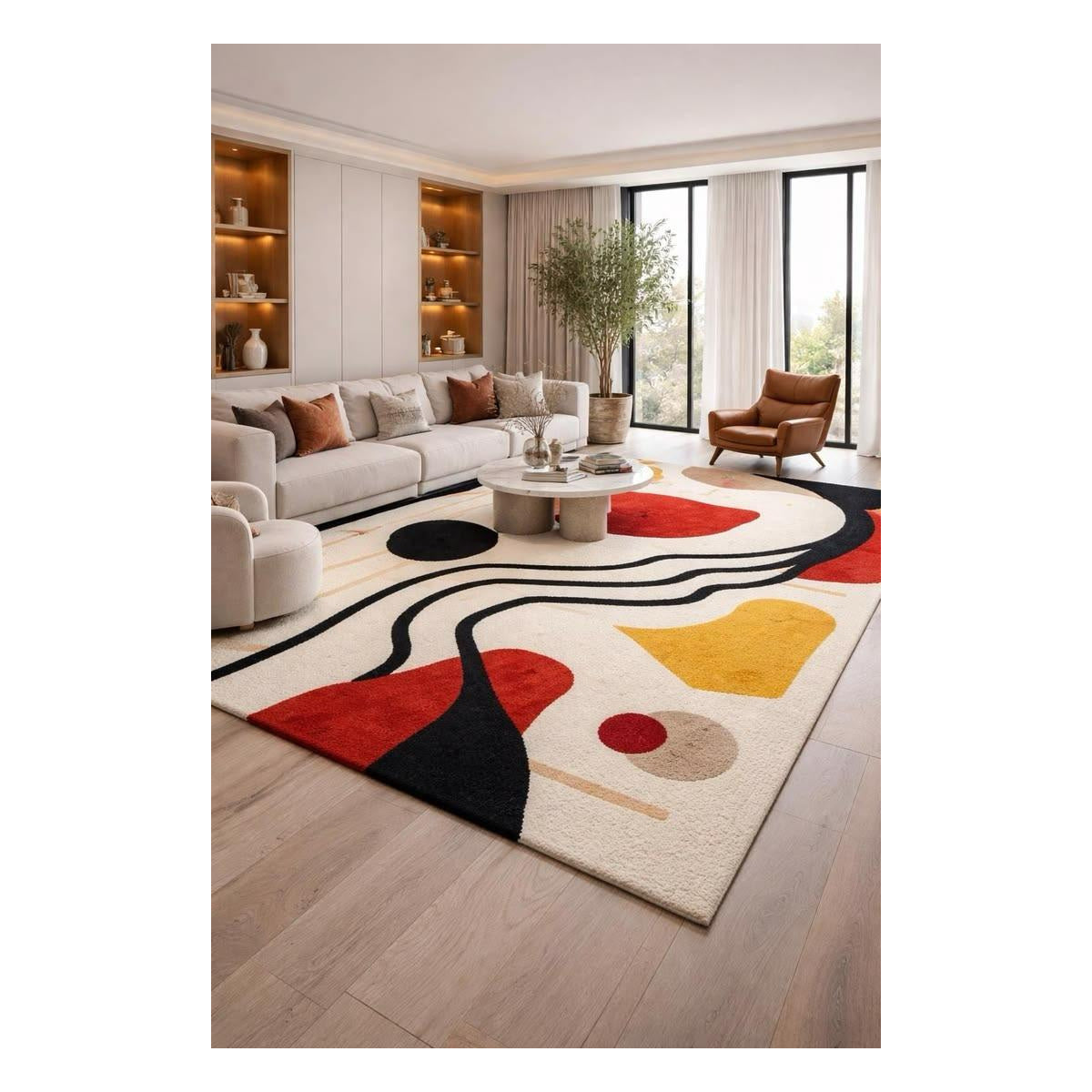 Cream Bauhaus Line Art Statement Rug