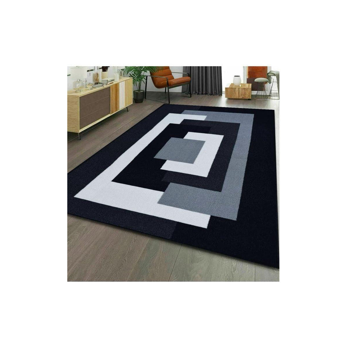 Black White Geometric Border Modern Rug