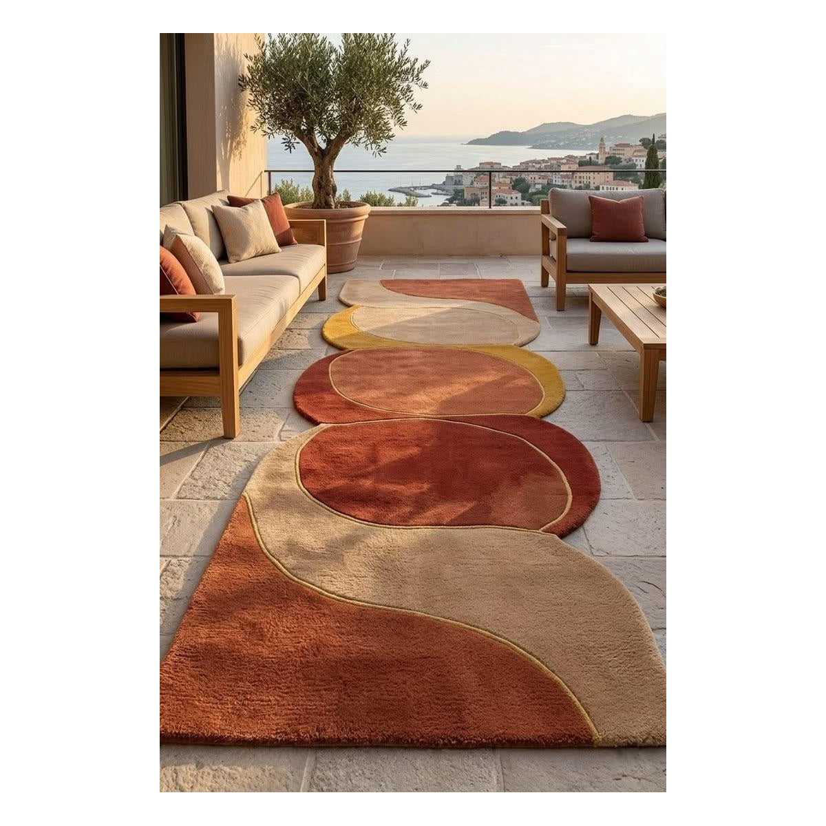 Rust Terracotta Layered Wave Modern Rug