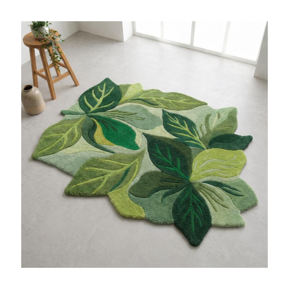 Lush Green Tropical Leaves Freeform Rug