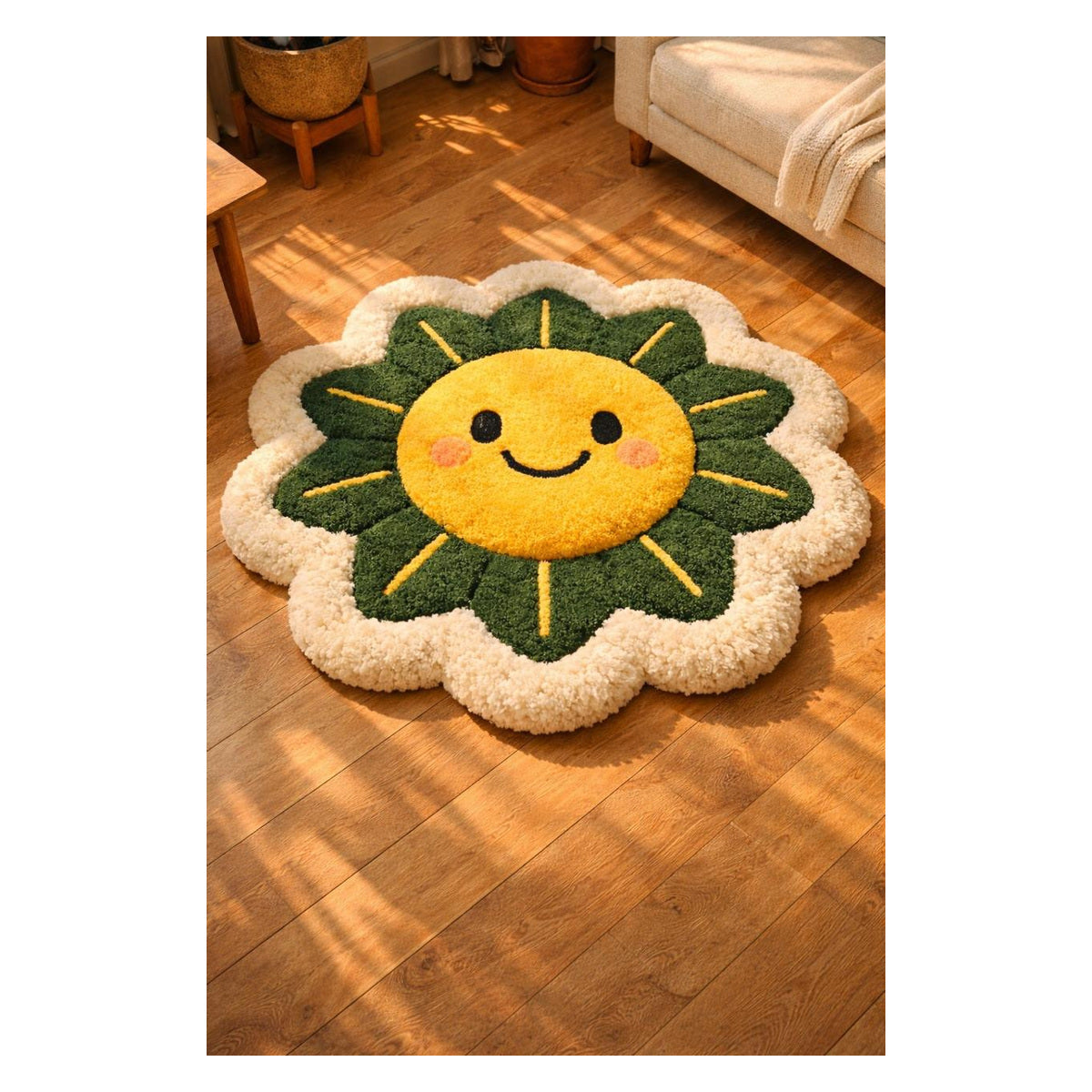 Smiling Sunflower Green Kids Round Rug