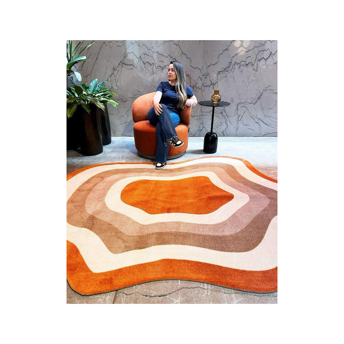 Terracotta Orange Retro Ripple Freeform Rug