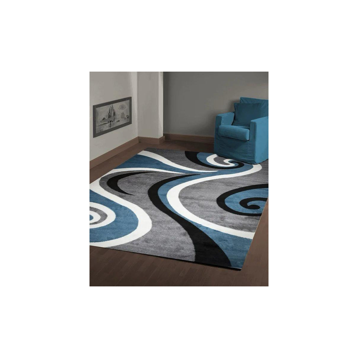 Navy Teal White Wave Abstract Rug