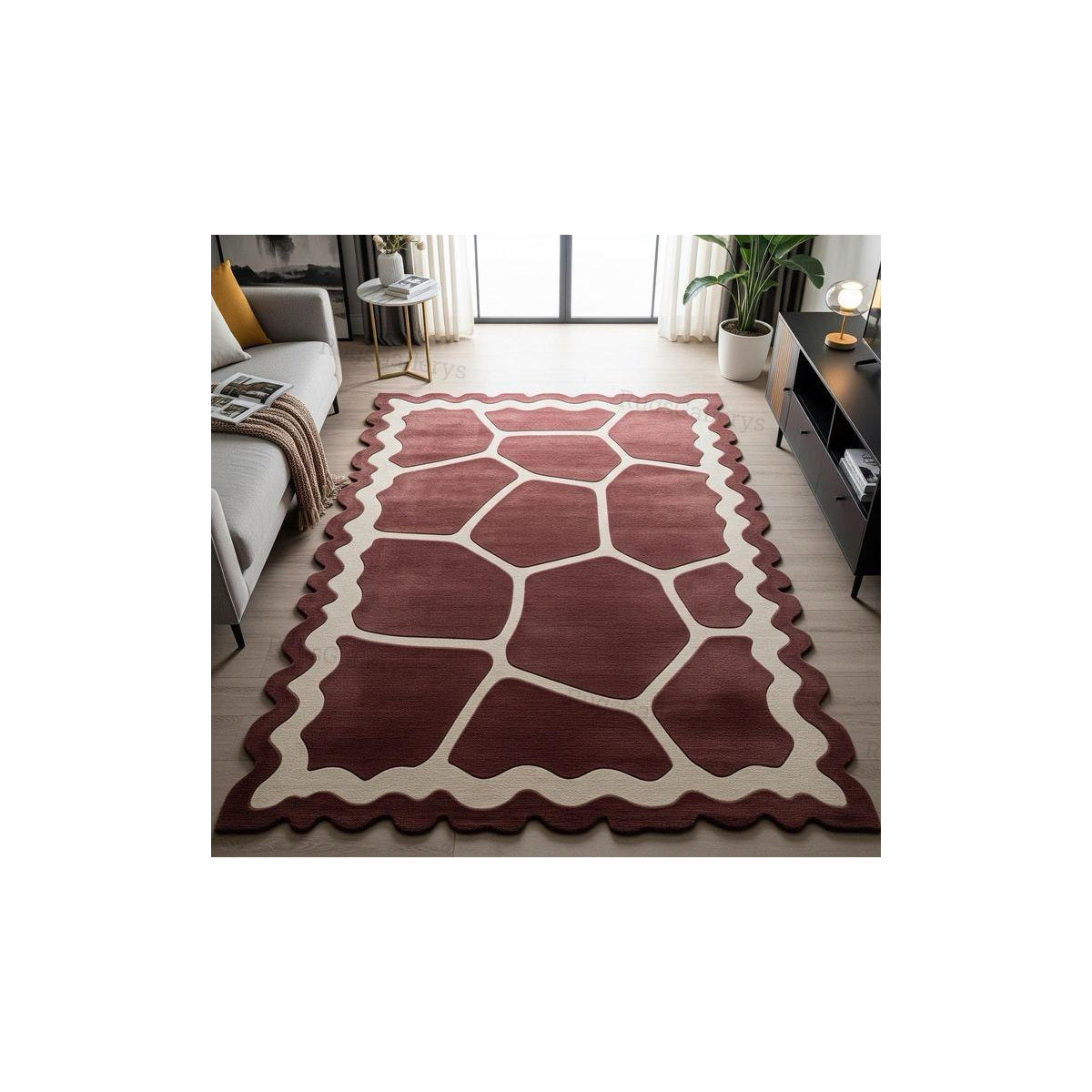 Burgundy Cobblestone Scalloped Designer Rug
