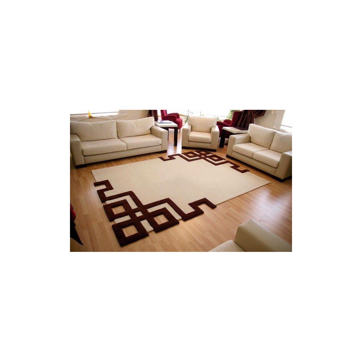 Ivory Brown Geometric Borderline Modern Rug