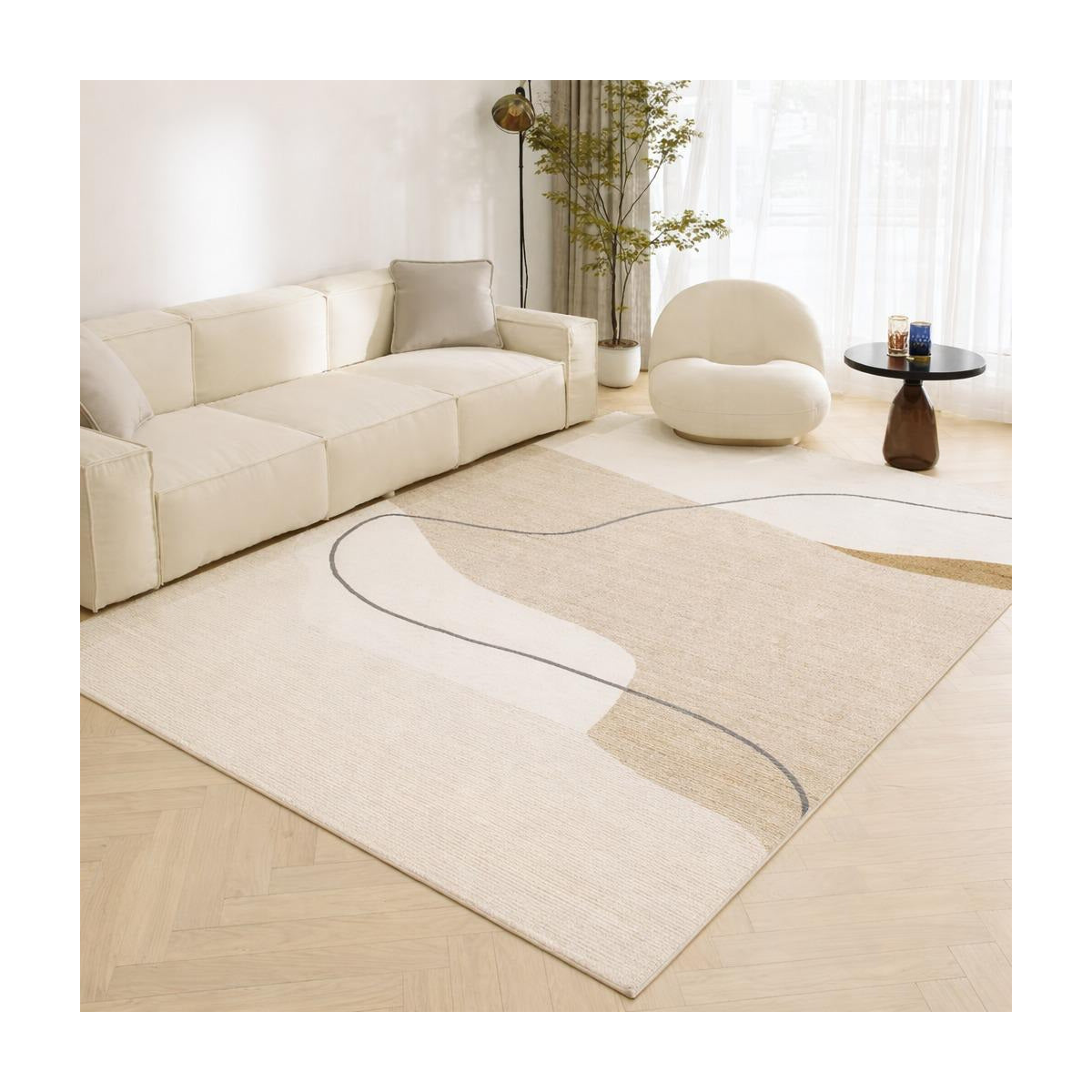 Ivory Cream Minimalist Wave Area Rug