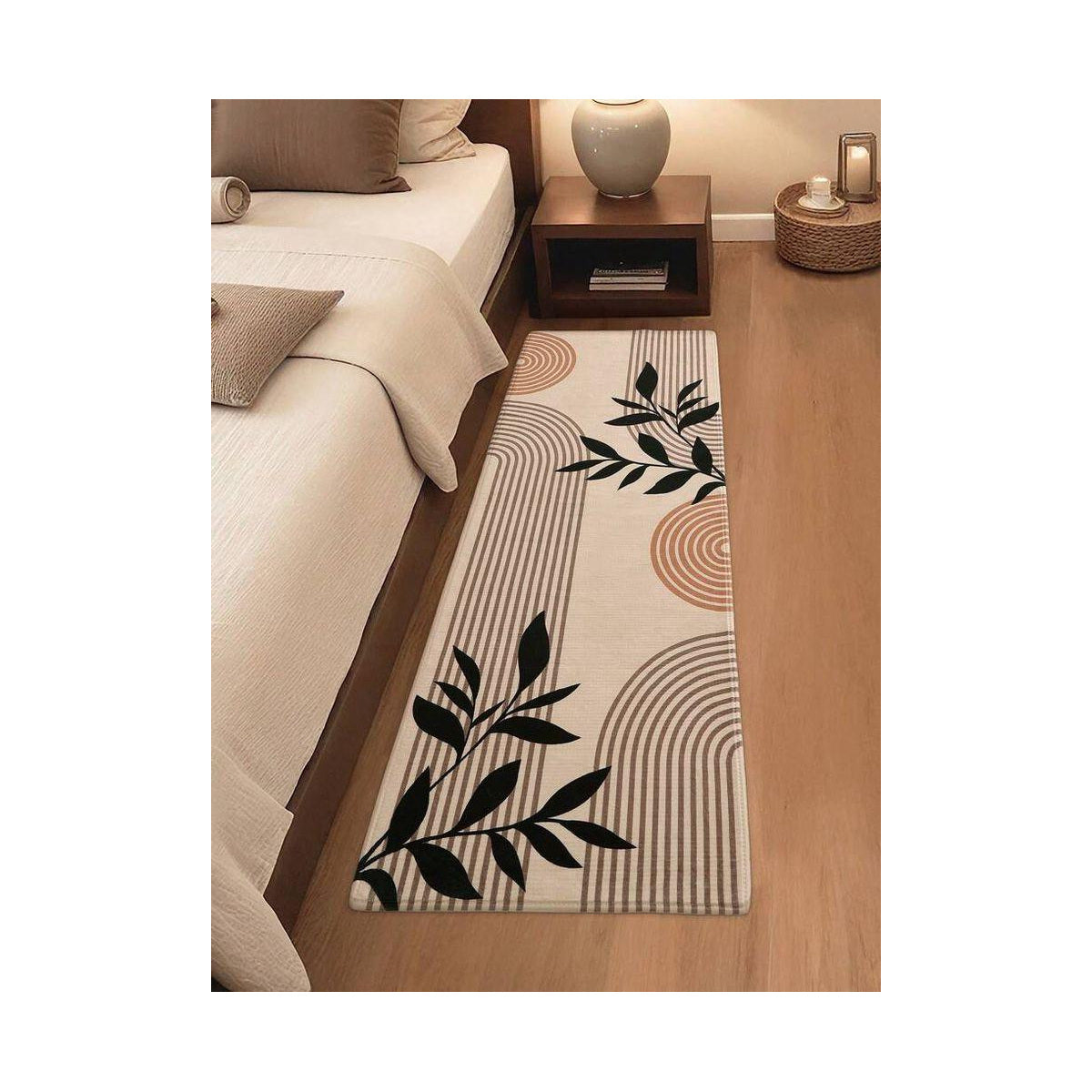 Ivory Black Botanical Bedroom Runner Rug