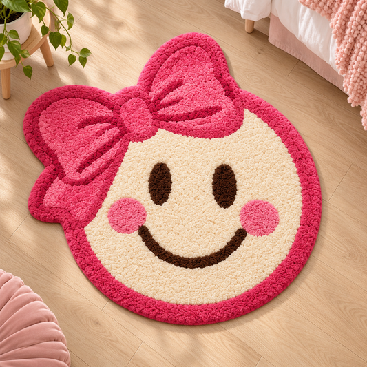 Pink Bow Smiley Rug — hand tufted wool rug