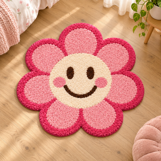 Pink Daisy Smiley Rug — hand tufted wool rug