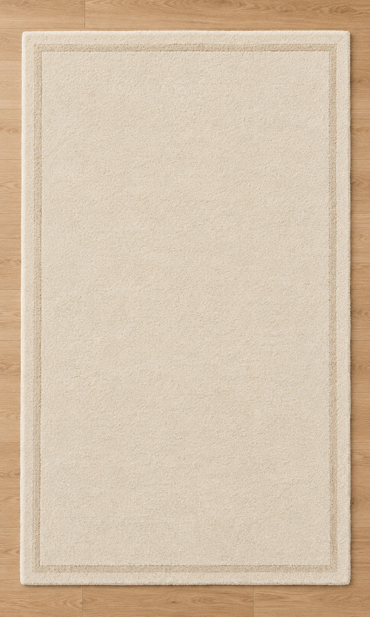 Ivory cream plain hand tufted rug with subtle single border