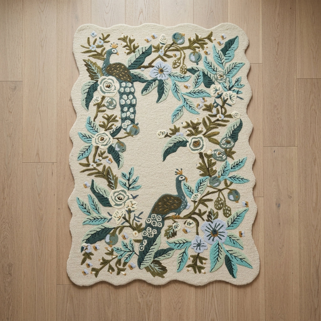 Luxury Hand Tufted Peacock Floral Wool Carpet | Natural Wool Rug with Natural Latex Anti-Skid Backing