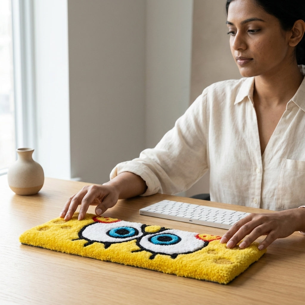 Hand-Tufted SpongeBob SquarePants Keyboard Rug & Wrist Rest | Custom Yellow Cartoon Plush Desk Mat