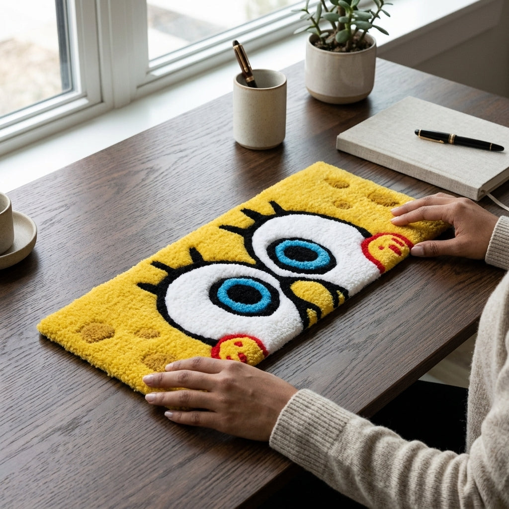Hand-Tufted SpongeBob SquarePants Keyboard Rug & Wrist Rest | Custom Yellow Cartoon Plush Desk Mat