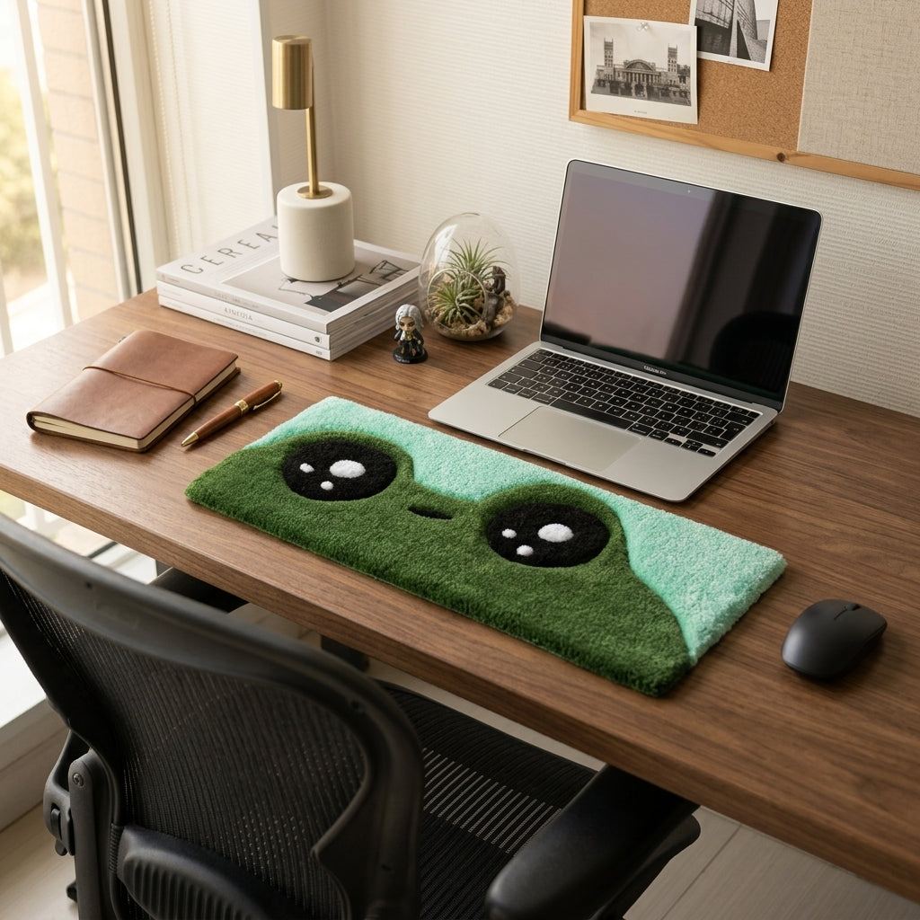 Hand-Tufted Cute Frog Keyboard Rug & Wrist Rest | Custom Green Kawaii Plush Desk Mat
