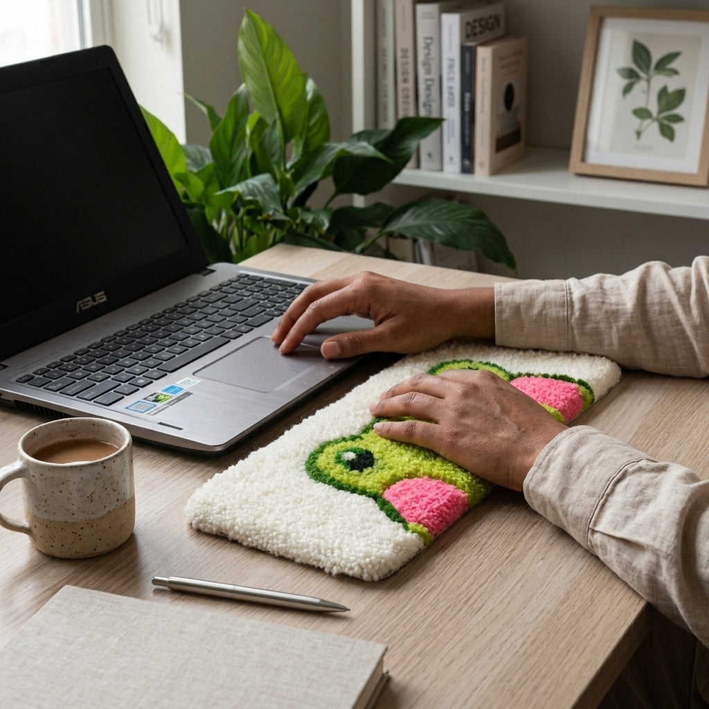Hand-Tufted Frog Keyboard Rug & Wrist Rest | Cute Kawaii Green & Pink Plush Desk Mat