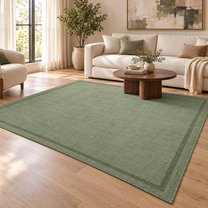 Sage Green Plain Hand Tufted Rug – Subtle Single Border styled in a decorated living room with sofa