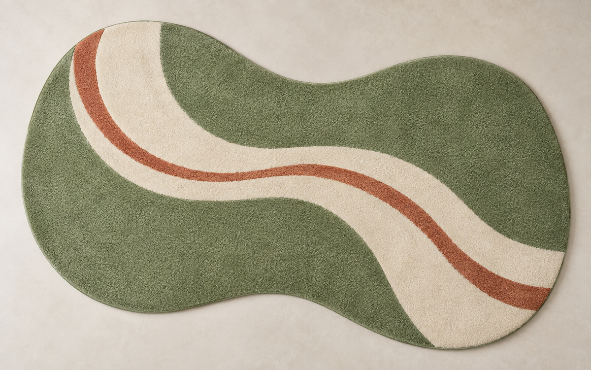 Sage Stream sage green, cream & terracotta irregular hand-tufted wool rug – AI-generated design visualization