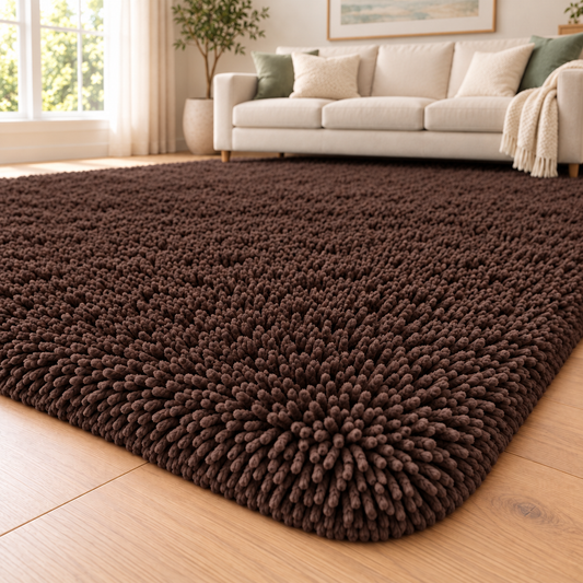 Espresso Brown solid shaggy area rug – room styling view