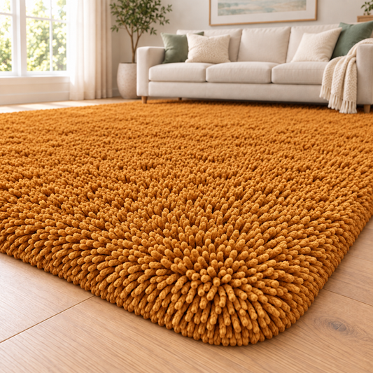 Ochre Gold solid shaggy area rug – room styling view
