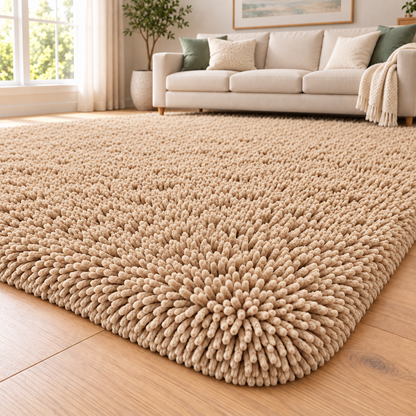 Light Beige solid shaggy area rug – room styling view