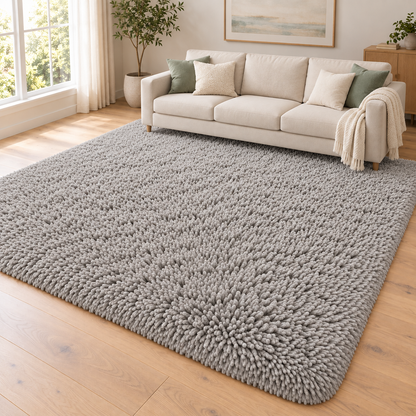 Silver Grey solid shaggy area rug – room styling view