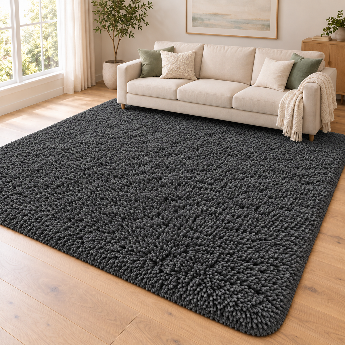 Charcoal Grey solid shaggy area rug – room styling view