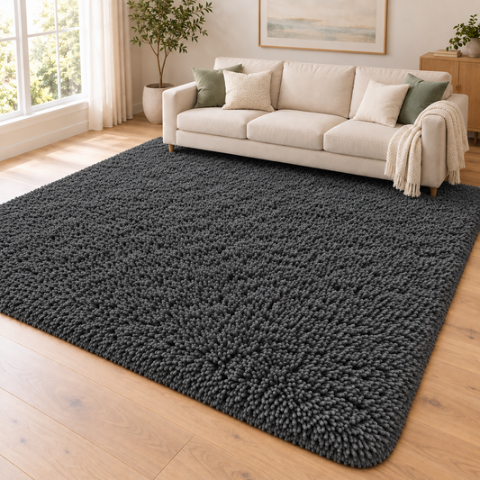Charcoal Grey solid shaggy area rug – room styling view
