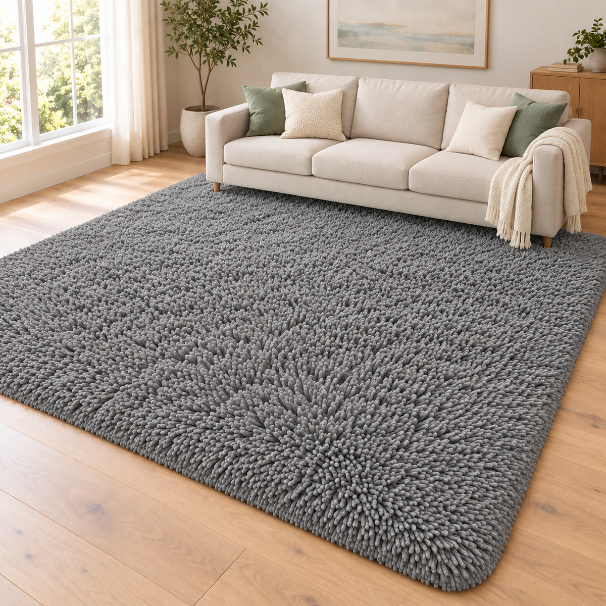 Classic Grey solid shaggy area rug – room styling view