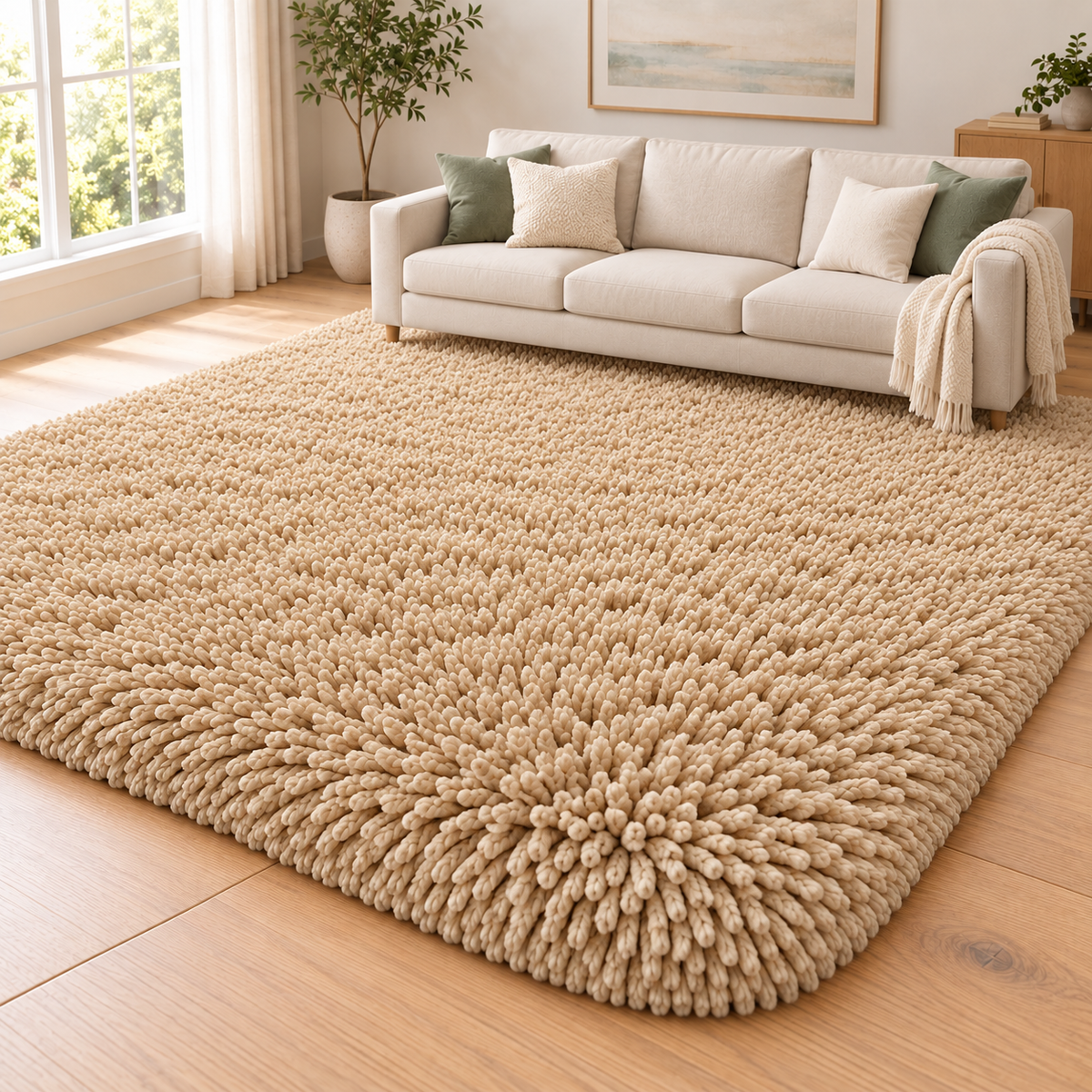 Warm Sand Beige solid shaggy area rug – room styling view