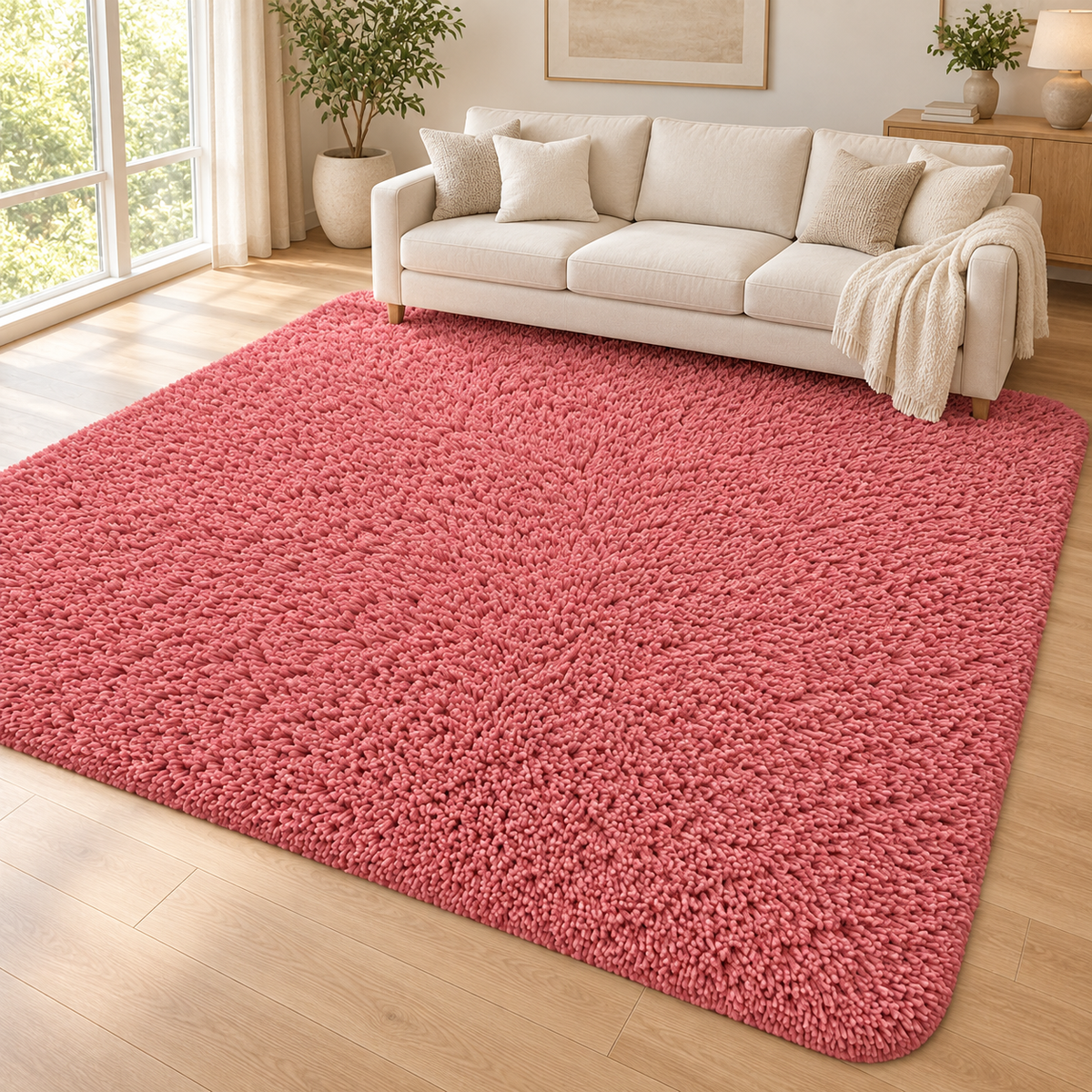 Coral Pink shaggy area rug - living room view
