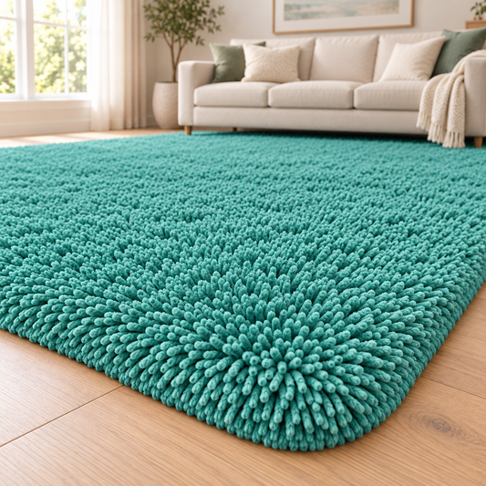 Teal Green shaggy area rug - pile texture detail