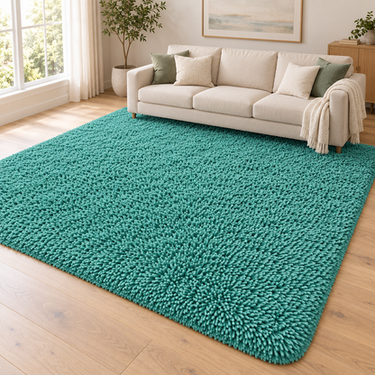 Teal Green shaggy area rug - living room view
