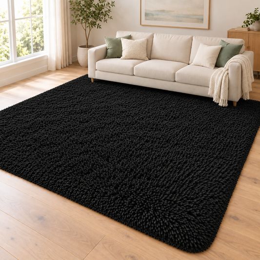 Black solid shaggy area rug – room styling view