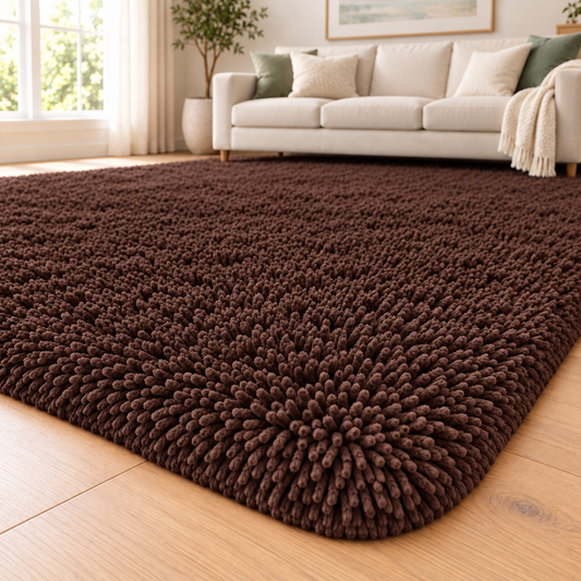 Chocolate Brown solid shaggy area rug – room styling view
