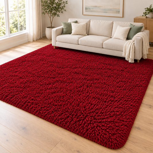 Rich Red solid shaggy area rug – room styling view