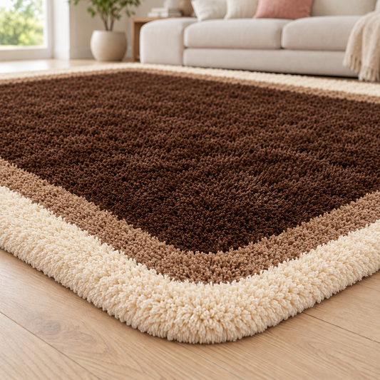 Chocolate Brown & Cream Border Shaggy Rug – Plush Living Room & Bedroom Area Rug - low-angle pile height