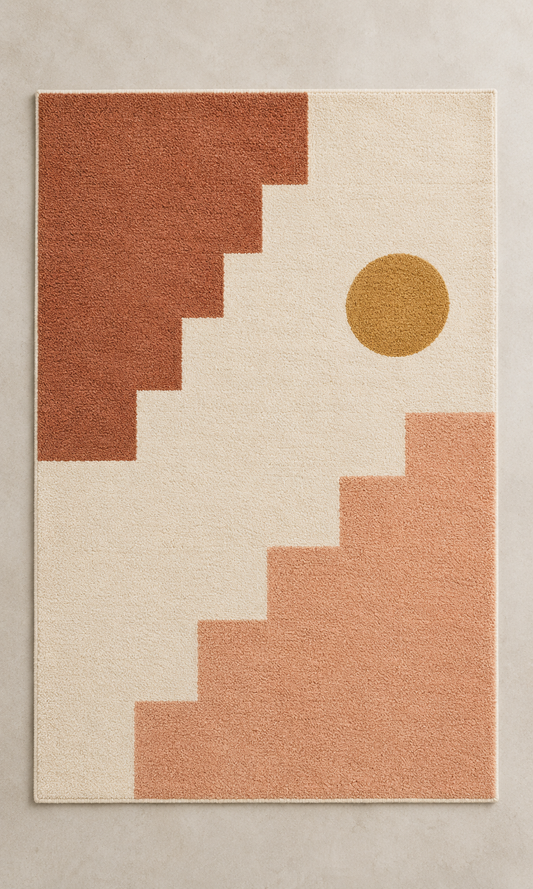 Sunset Steps terracotta, peach & ivory rectangle hand-tufted wool rug – AI-generated design visualization