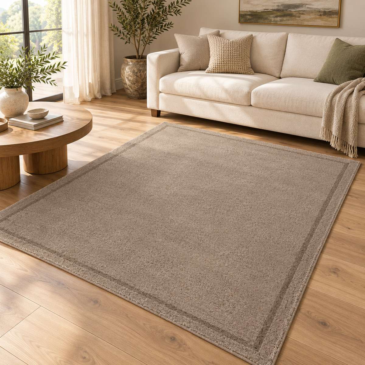 Taupe Plain Hand Tufted Rug – Subtle Single Border styled in a decorated living room with sofa