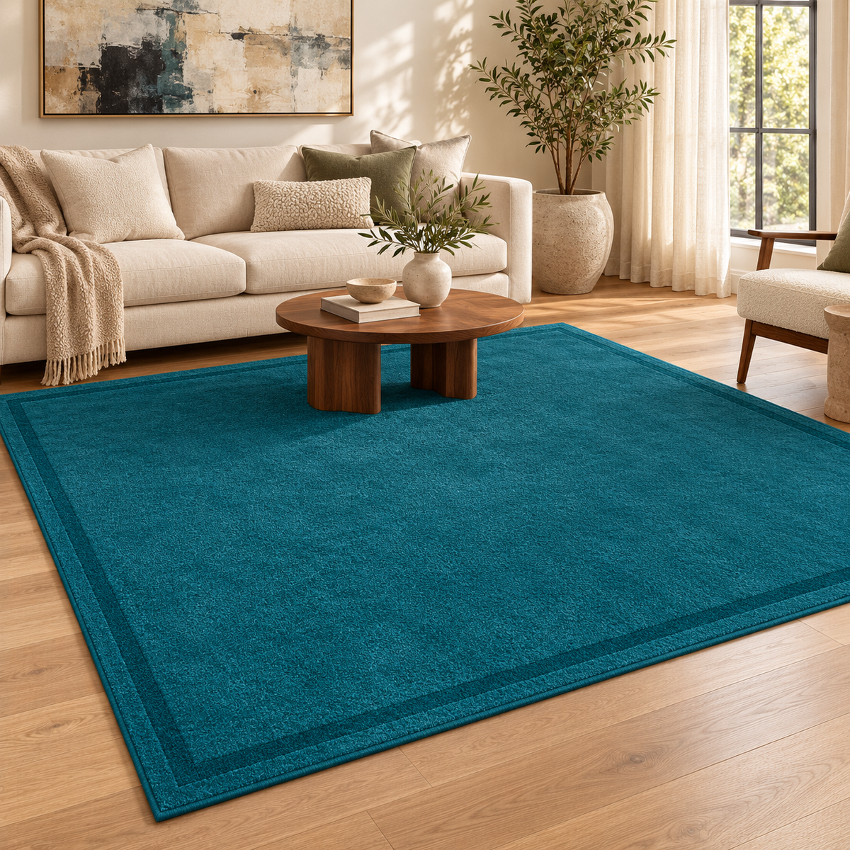 Teal Plain Hand Tufted Rug – Subtle Single Border styled in a decorated living room with sofa