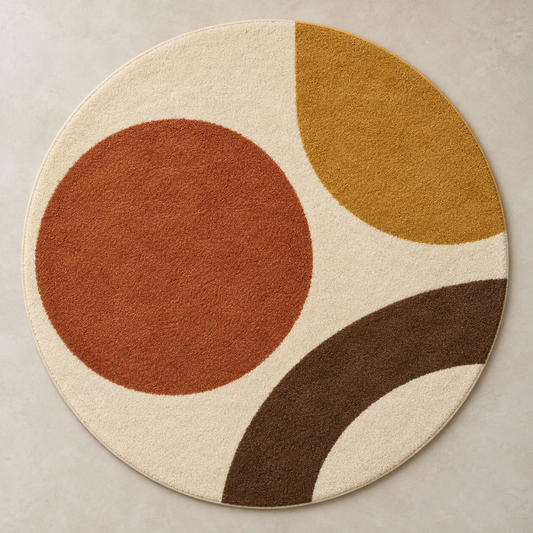 Terra Orbit terracotta, ivory & mustard round hand-tufted wool rug – AI-generated design visualization