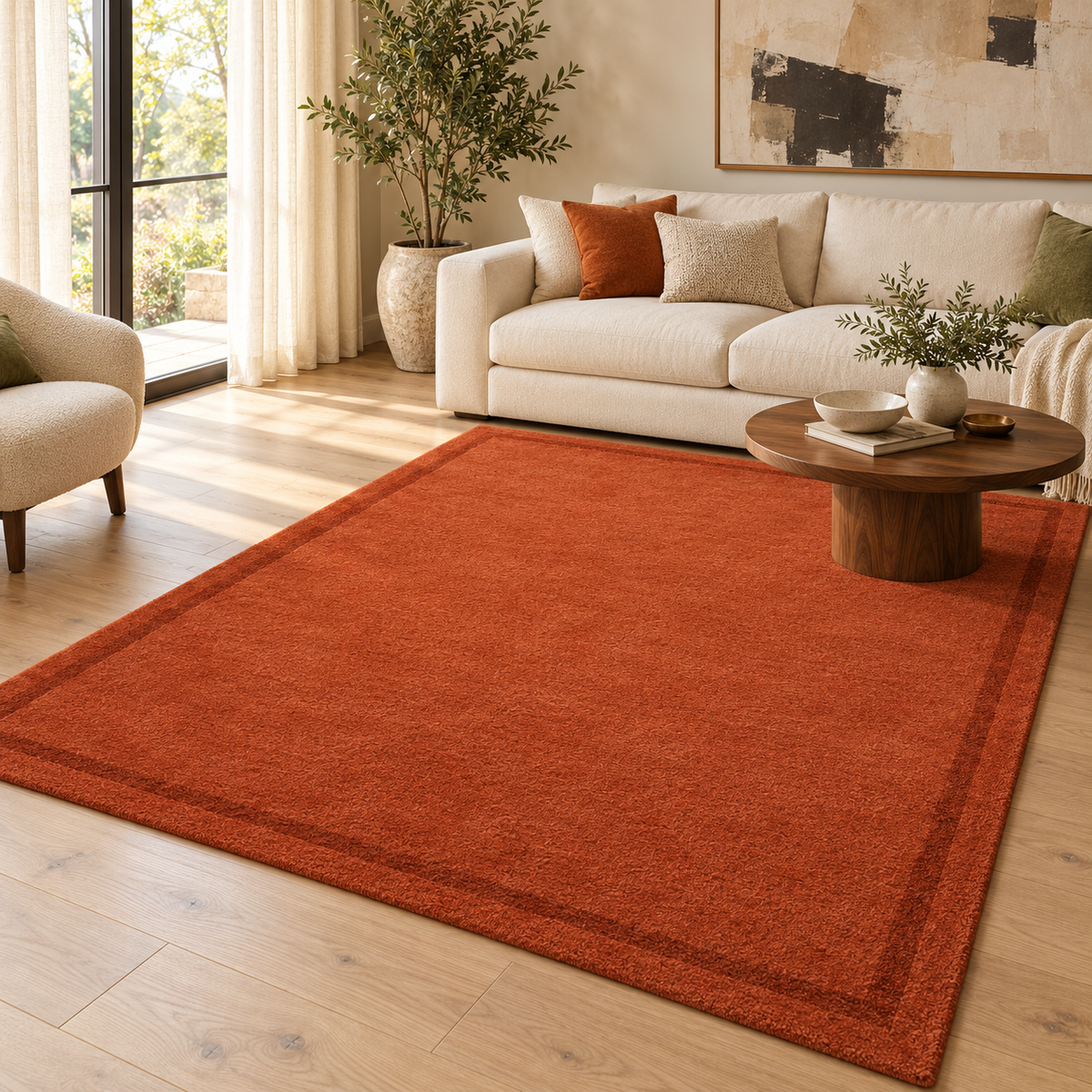 Terracotta Plain Hand Tufted Rug – Subtle Single Border styled in a decorated living room with sofa