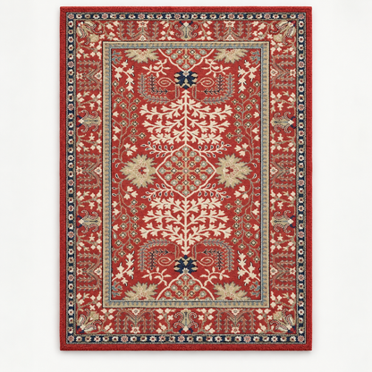 Full vertical front view, hand tufted wool pile