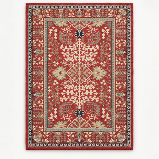 Full vertical front view, hand tufted wool pile