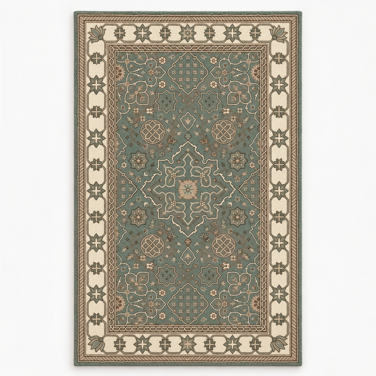 Full vertical front view, hand tufted wool pile