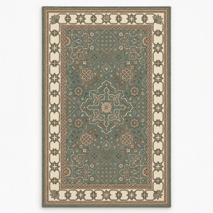 Full vertical front view, hand tufted wool pile