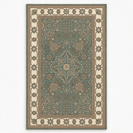 Full vertical front view, hand tufted wool pile