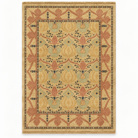Full vertical front view, hand tufted wool pile
